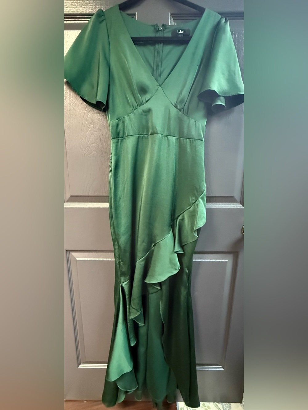 Lulu's Satin Emerald Green Ruffle V-Neck Maxi Dress